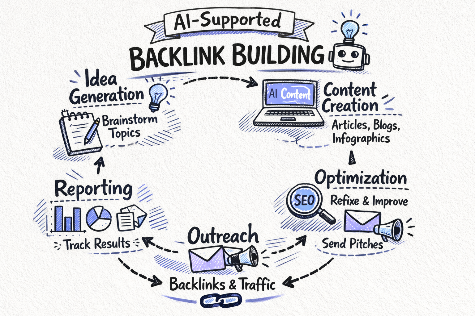 A strategic workflow diagram showing how AI supports backlink building with content: idea generation, content creation, optimization, outreach, and reporting, connected in a circular flow.