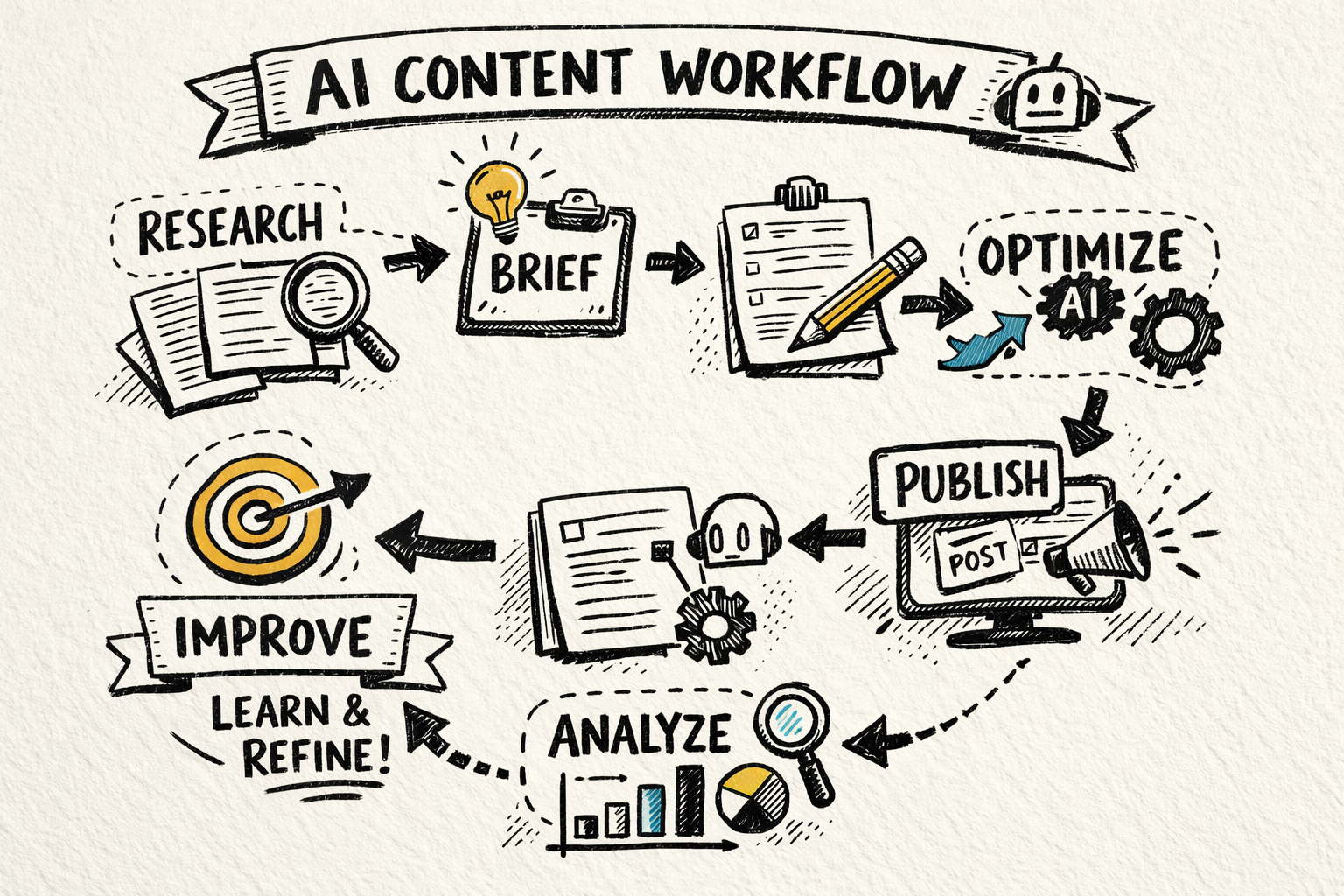 Hand-drawn style illustration of an AI content workflow showing steps such as research, brief, draft, optimize, publish, analyze, and improve arranged in a circular flow with arrows between them.