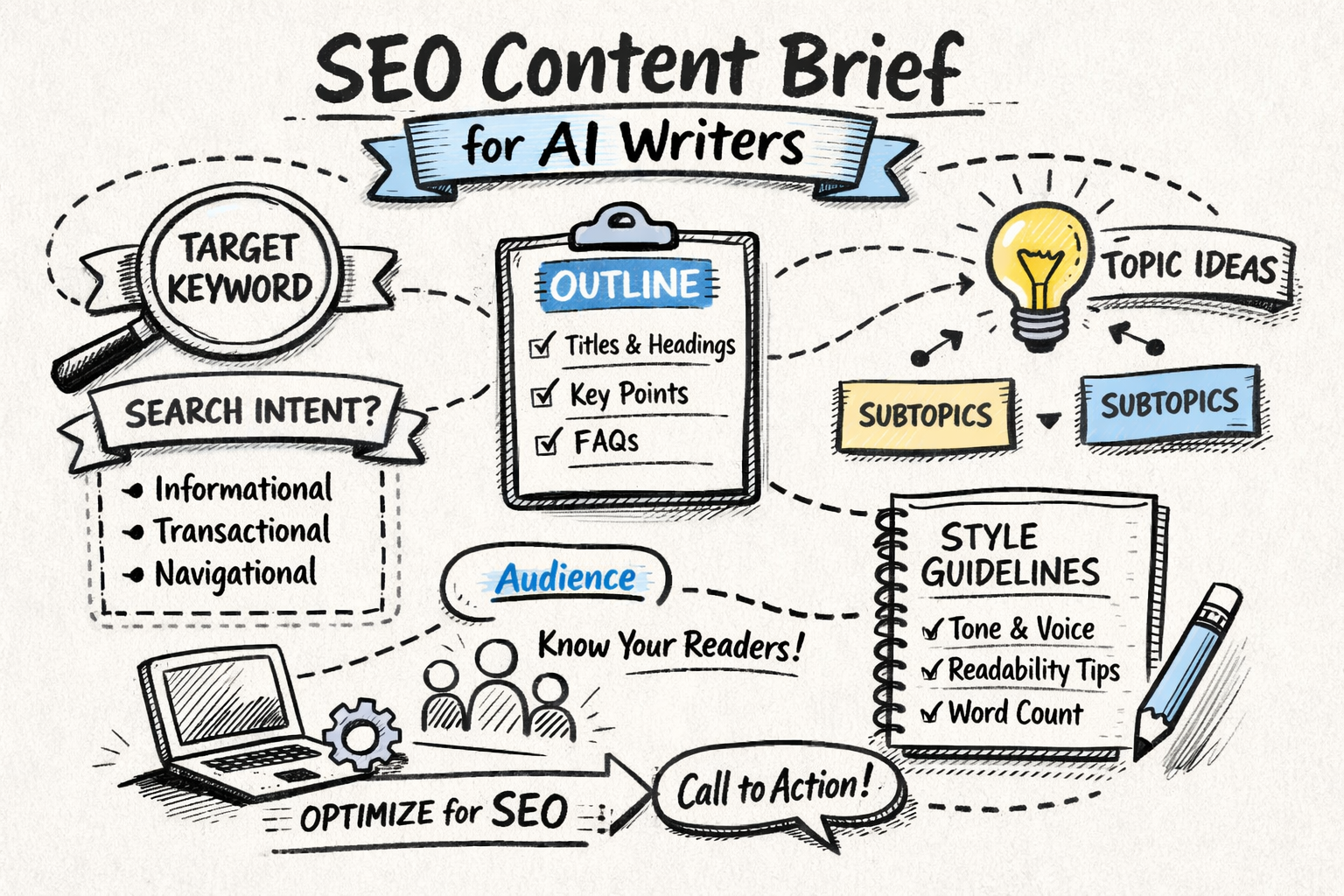 A structured SEO content brief template for AI writers shown as a clean one-page document with labeled sections like target keyword, search intent, outline, and style guidelines