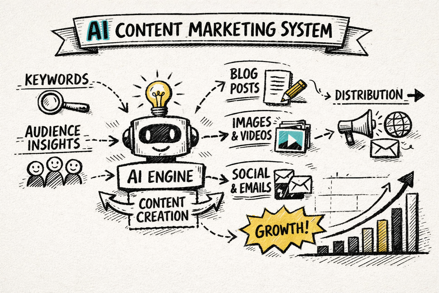 High-level overview sketchnote of an AI content marketing system showing inputs like keywords and audience insights feeding into an AI engine that outputs blog posts, images, and multi-channel distribution, all connected to a graph of rising organic traffic.