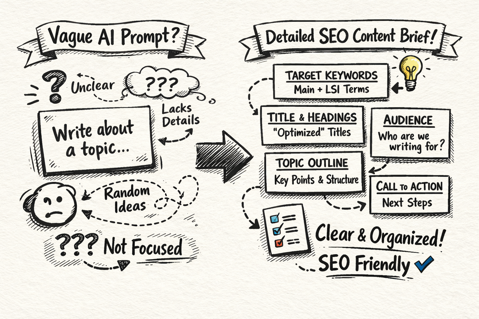 Side-by-side comparison of a vague AI prompt versus a detailed SEO content brief template, highlighting the difference in structure and clarity