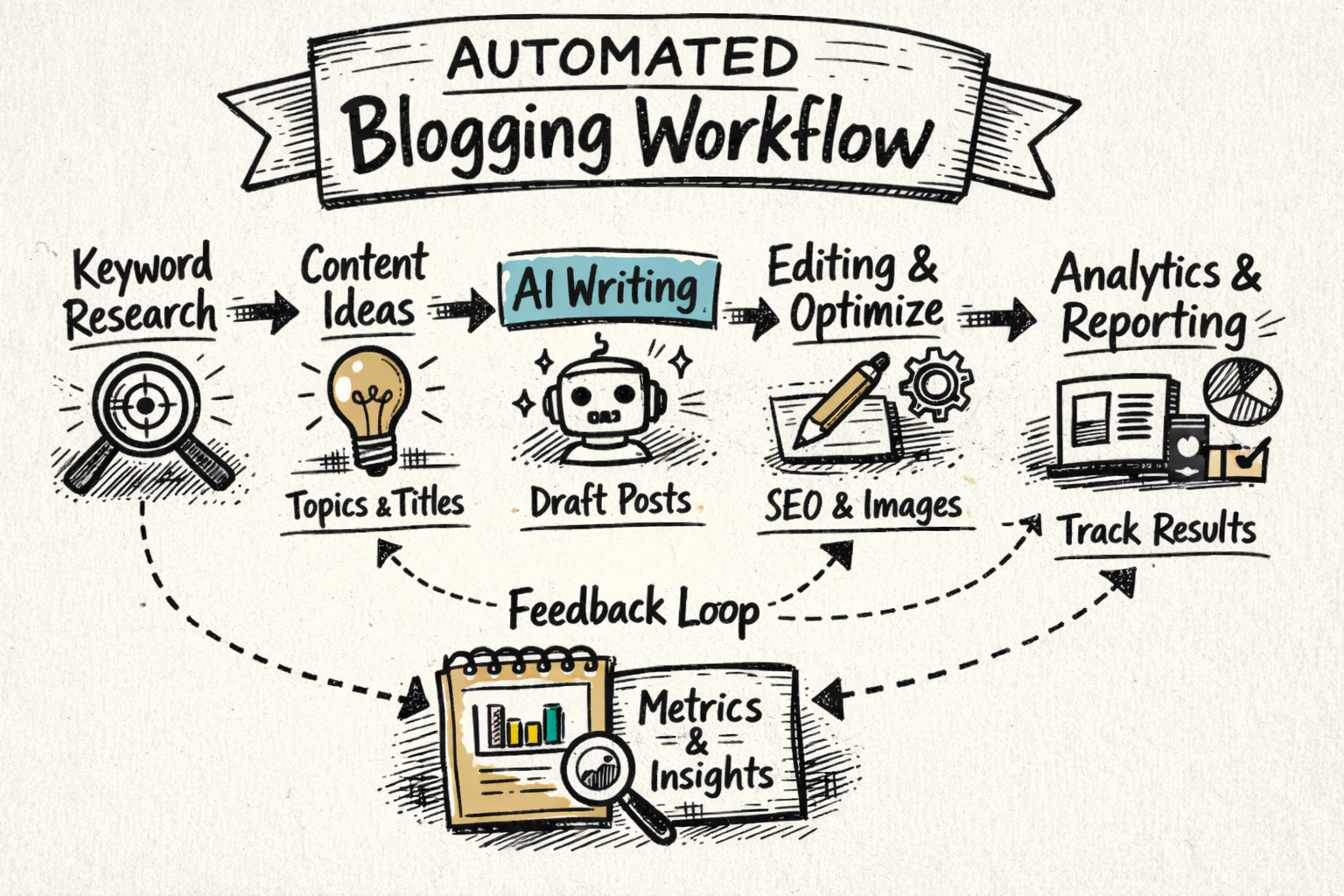 A flowchart-style visualization of an automated blogging workflow from keyword research to publishing and reporting