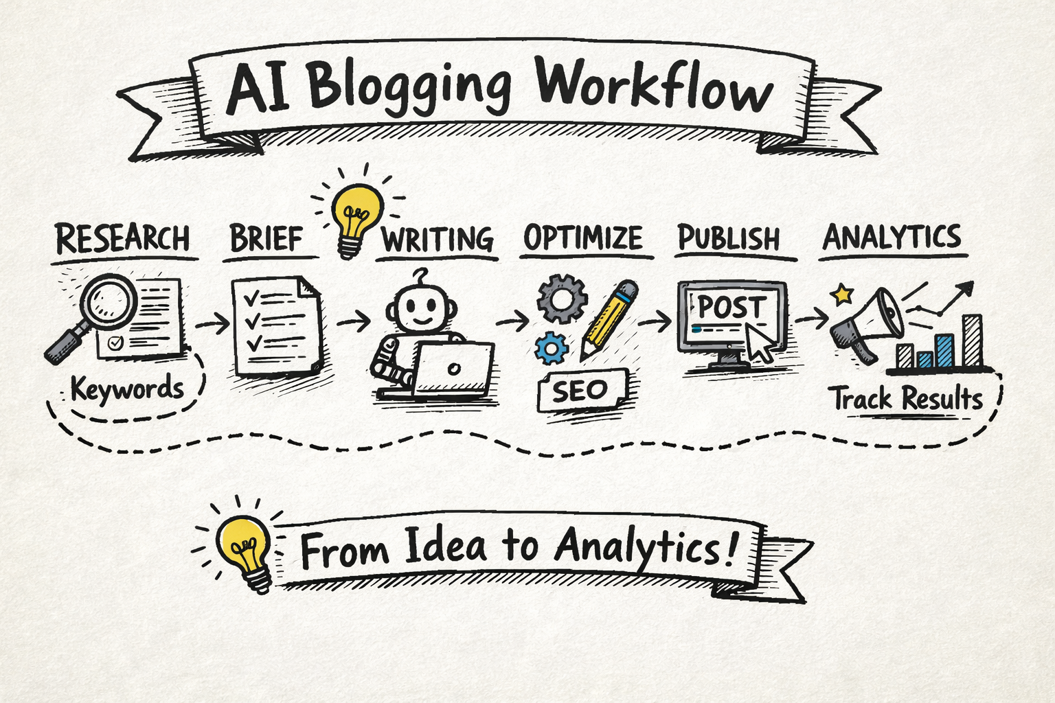 AI blogging workflow from idea to analytics End-to-end AI blogging workflow from keyword research to publishing and analytics, represented as a simple pipeline or flow diagram