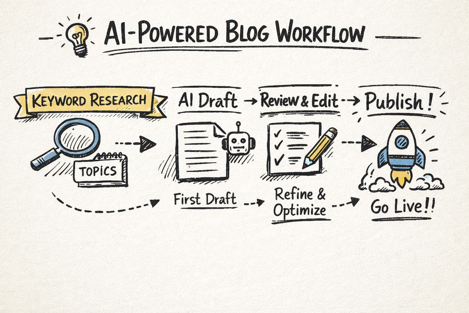 Step-by-step workflow from keyword research to AI draft to review to publish, represented as a simple pipeline for blog content