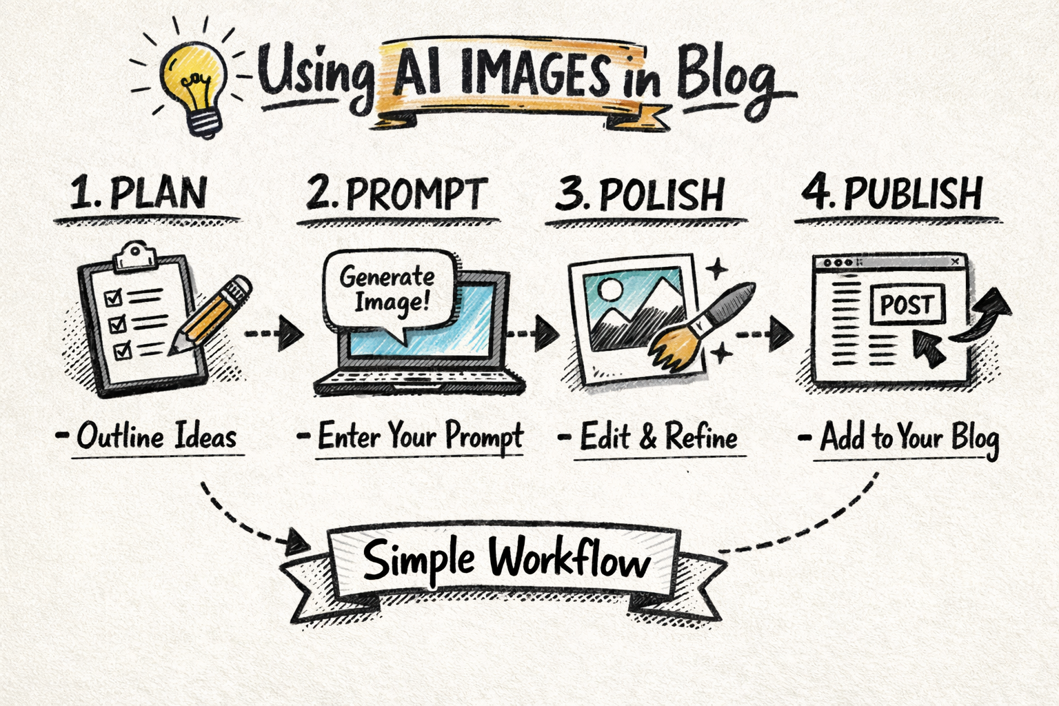 Simple workflow for using AI images in blog content Sketchnote-style framework visual of a simple 4-step workflow for using AI images in blogs: Plan, Prompt, Polish, Publish.