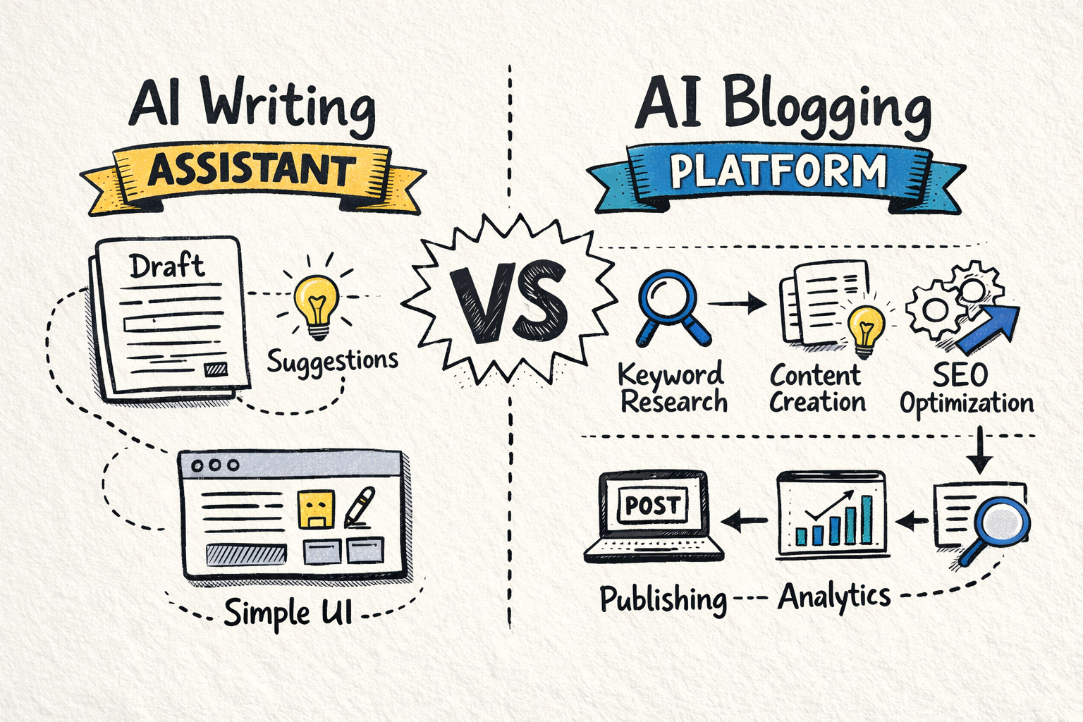 Side-by-side comparison diagram showing an AI writing assistant on one side and a full AI blogging platform on the other, highlighting the difference between single-document help and end-to-end content pipeline automation.