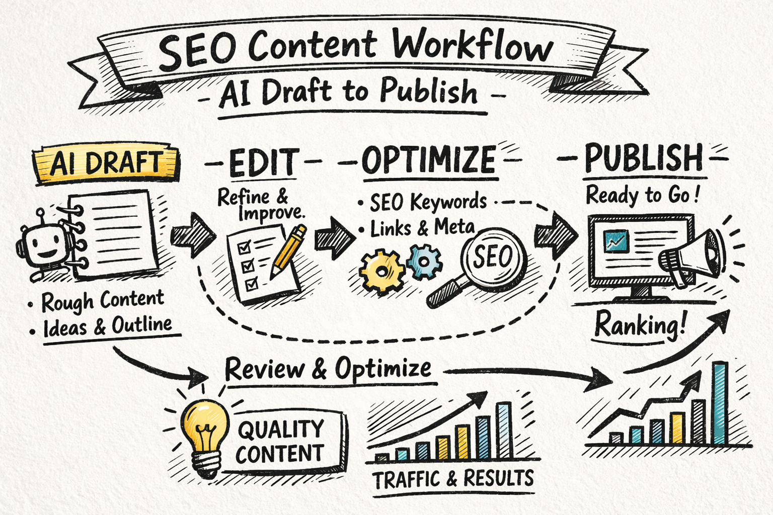 Illustration of an SEO-focused content workflow from AI draft to optimized, published article, with stages like draft, edit, optimize, publish