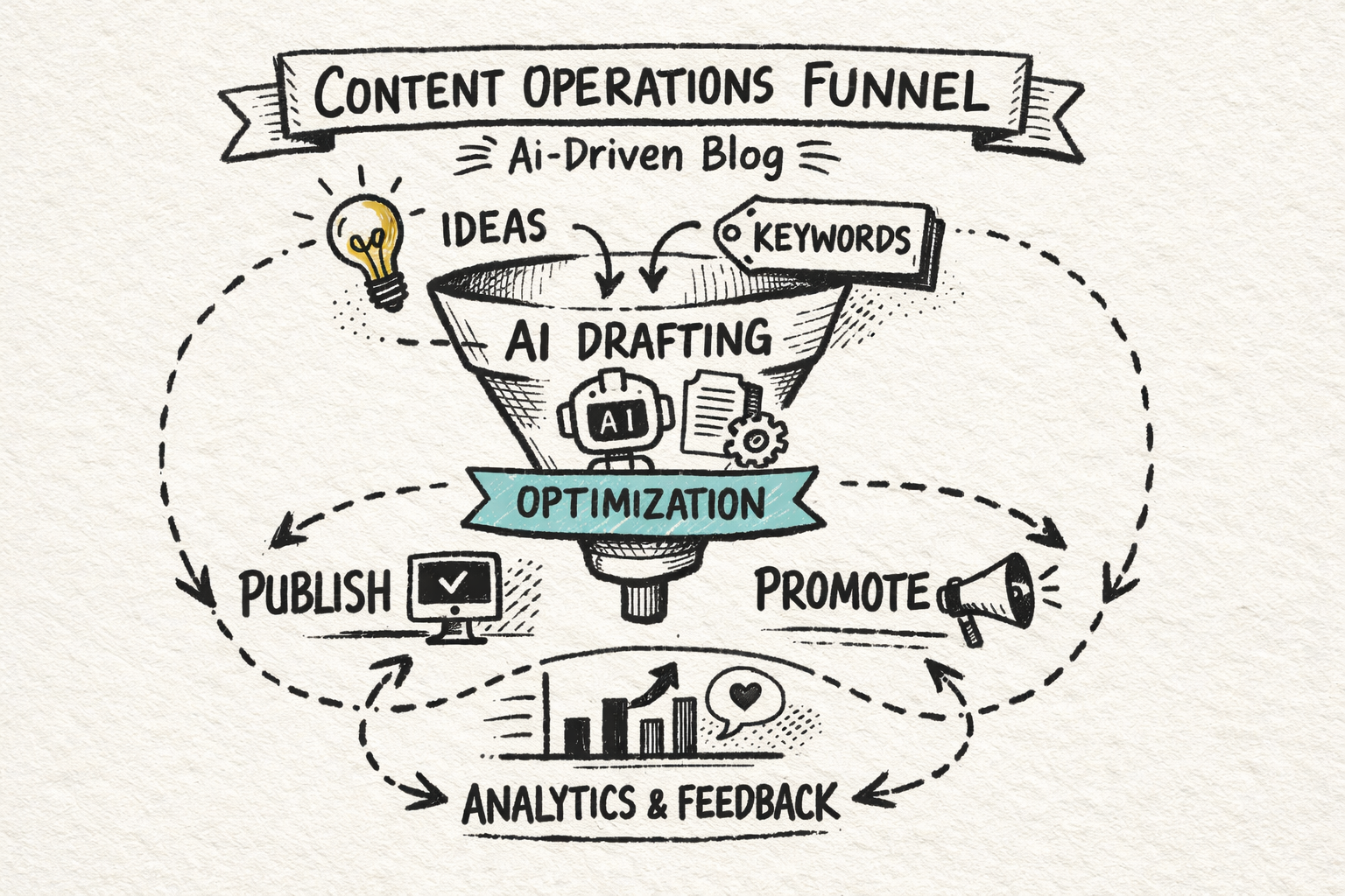 Content operations funnel for an AI-driven blog, from ideas and keywords through AI drafting, optimization, publishing, and analytics feedback