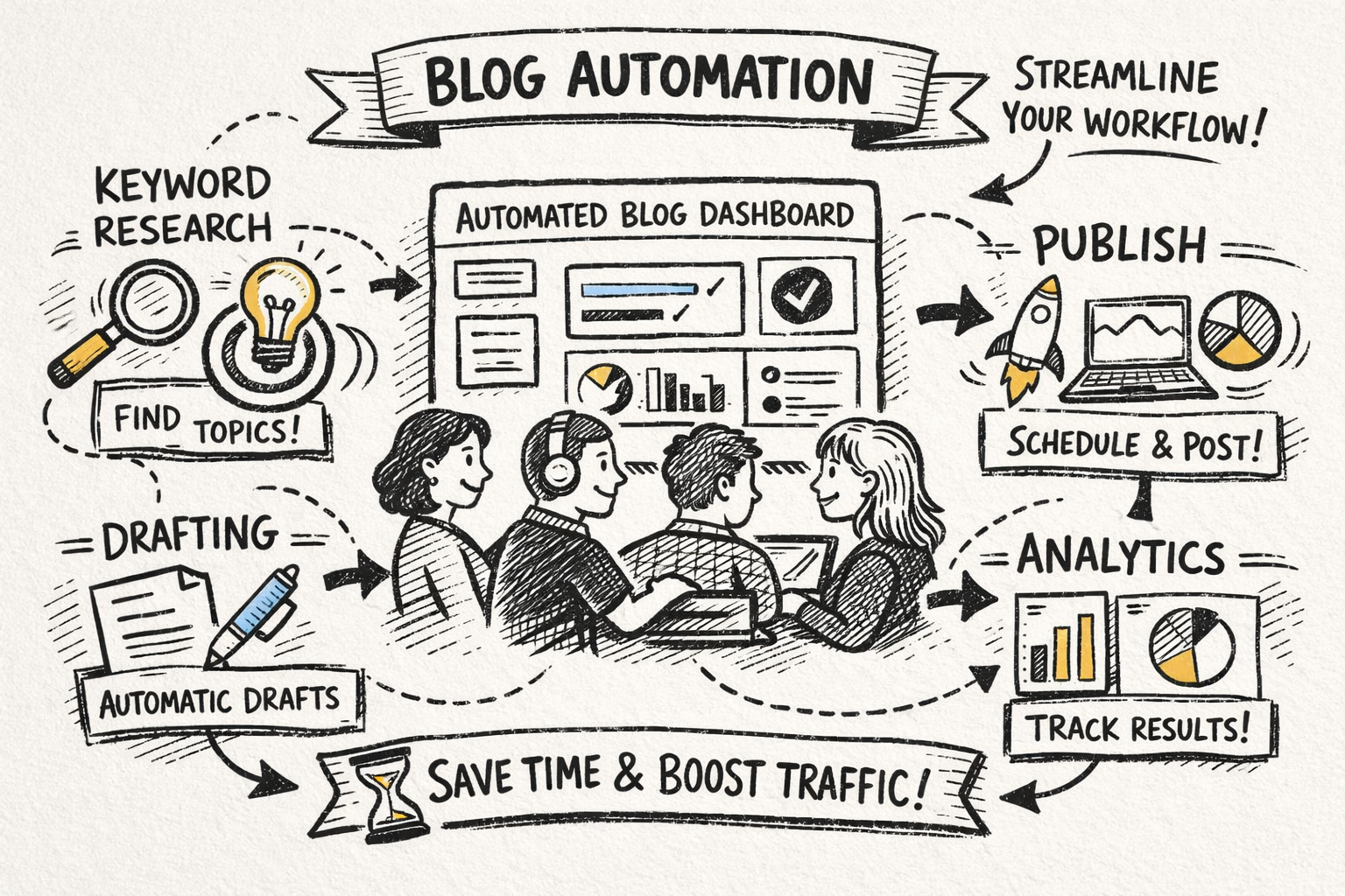 A marketing team automating their blog workflows on a central dashboard, with visual icons representing keyword research, drafting, publishing, and analytics being automated