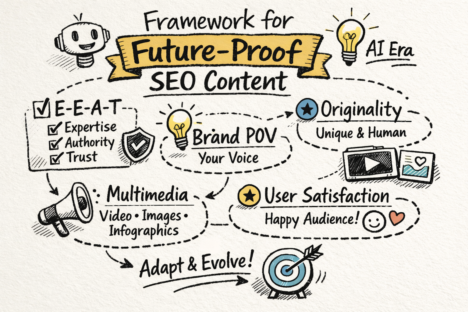A checklist or framework for future-proof SEO content in the AI era, including elements like E-E-A-T, originality, brand POV, multimedia, and user satisfaction.