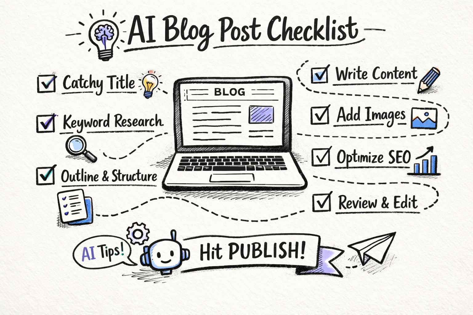 A clean, sketchnote-style checklist for AI blog posts, showing a laptop with an open blog editor and a numbered list of steps being checked off
