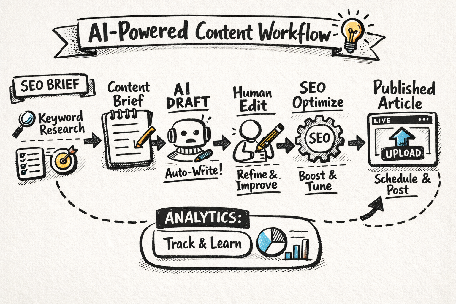 Illustration of an AI-powered content workflow automation pipeline from SEO brief to published article End-to-end AI-powered content workflow automation from SEO brief to published blog post, shown as a linear pipeline: keyword research, content brief, AI draft, human edit, SEO optimization, auto-publish, analytics loop.