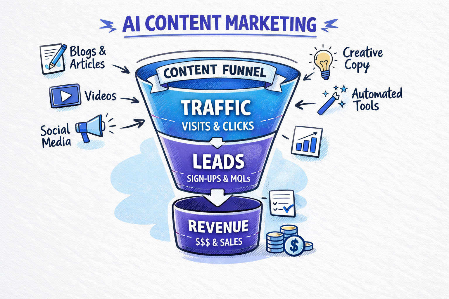 Diagram of how AI content marketing activities flow into traffic, leads, and revenue funnel-shaped diagram showing how AI content marketing activities turn into traffic, leads, and revenue, with metrics labeled at each stage