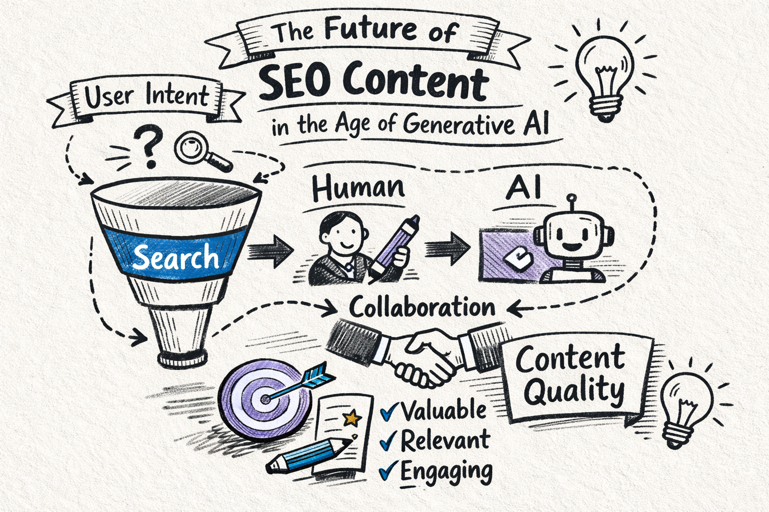 A forward-looking overview of the future of SEO content in the age of generative AI, showing a layered funnel from user intent to search engines to human + AI collaboration producing high-quality content.