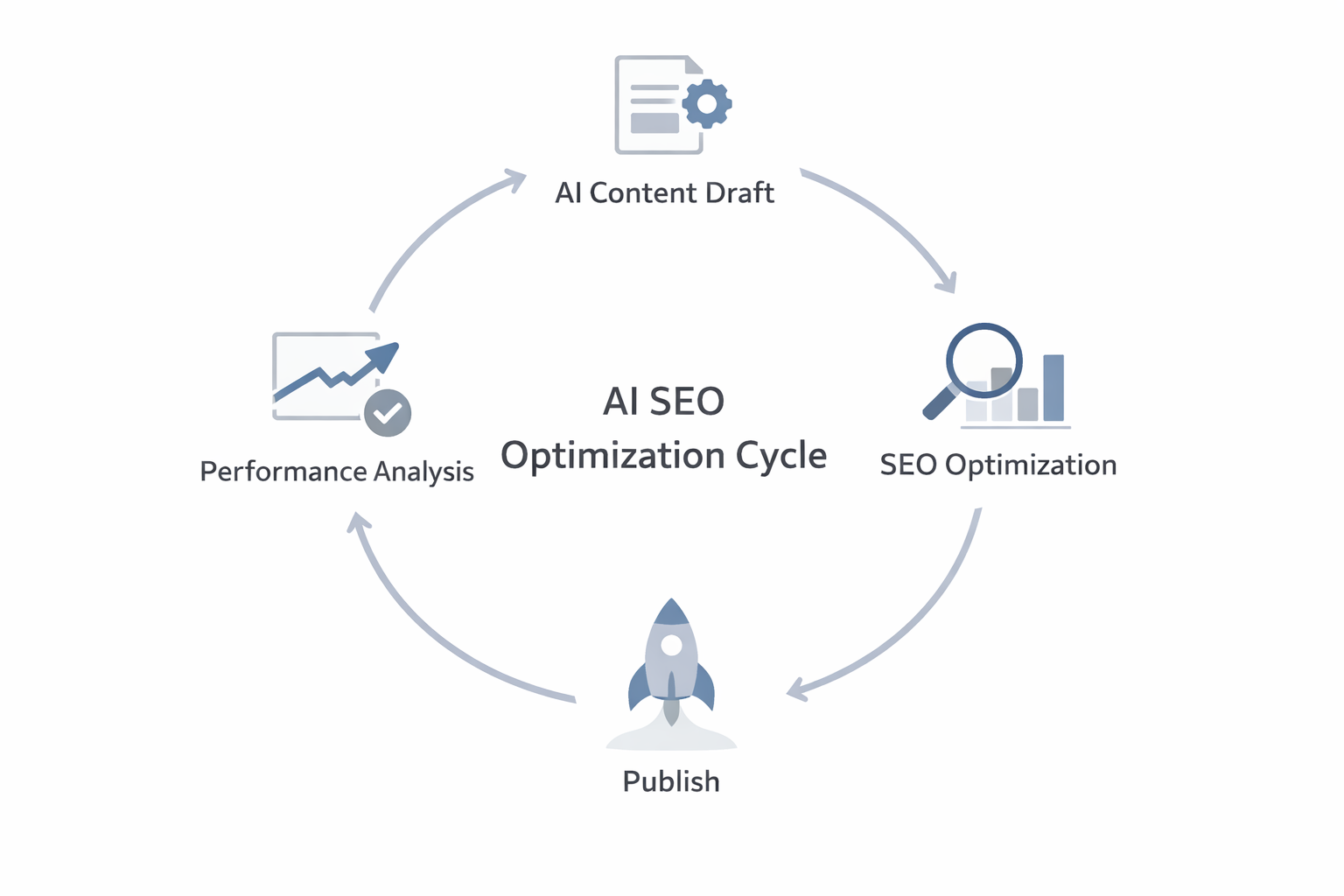 AI SEO optimization continuous improvement loop Simple workflow diagram showing AI draft creation, SEO optimization, publishing, and measurement loop