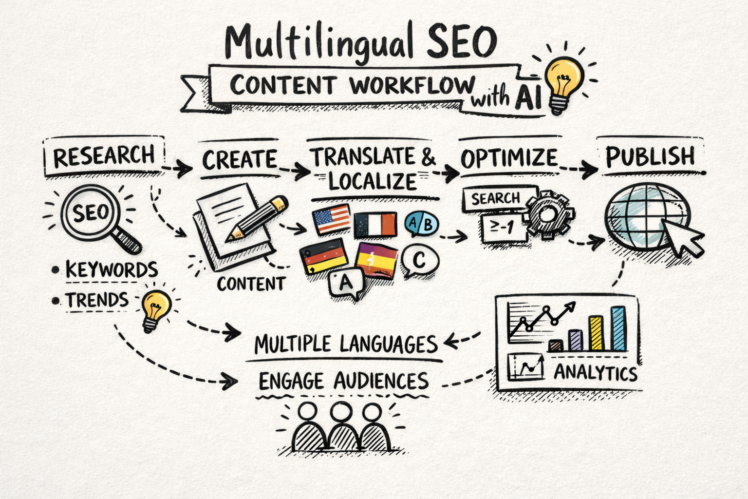 Multilingual SEO content workflow using AI Overview of a multilingual SEO content workflow using AI: research, create, translate, localize, optimize, publish, measure across multiple languages.