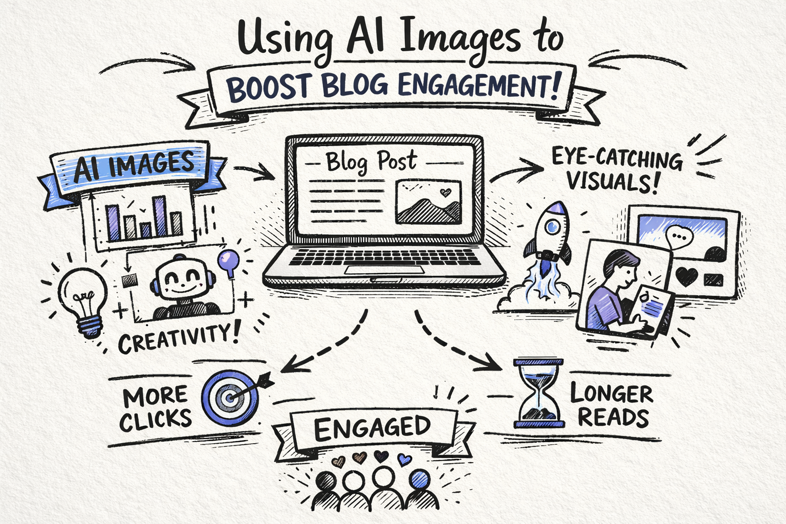 Using AI images to boost blog engagement Hero sketchnote-style illustration showing a blog post on a laptop screen surrounded by AI-generated images (charts, illustrations, social media previews) to represent using AI images for blogs to boost engagement.