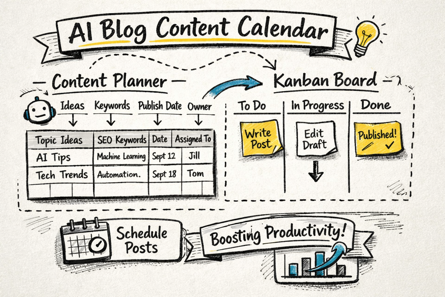 AI-powered blog content calendar template laid out as a simple spreadsheet and kanban board, showing ideas, keywords, publish dates, and responsible owners