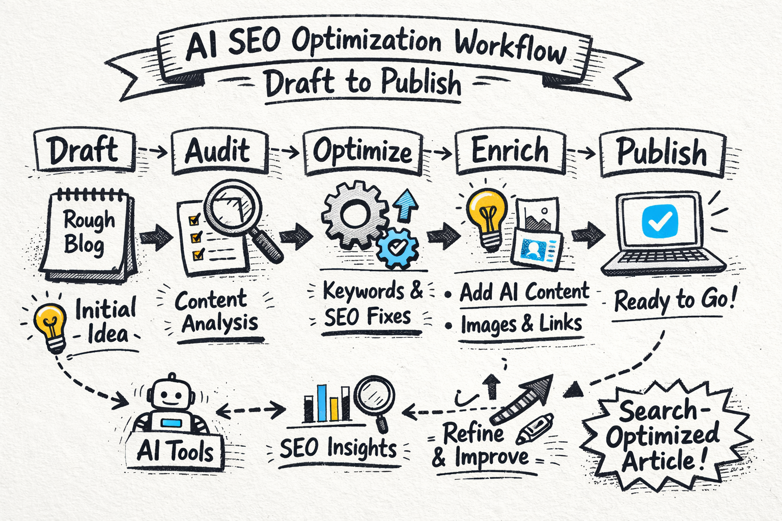 AI SEO optimization workflow from draft to publish Step-by-step AI SEO optimization workflow transforming a rough blog draft into a polished, search-optimized article