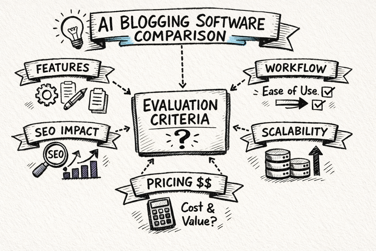 Framework for comparing AI blogging software Comparison framework for evaluating AI blogging software, showing key pillars like features, workflow, SEO impact, pricing, and scalability laid out in a clean diagram