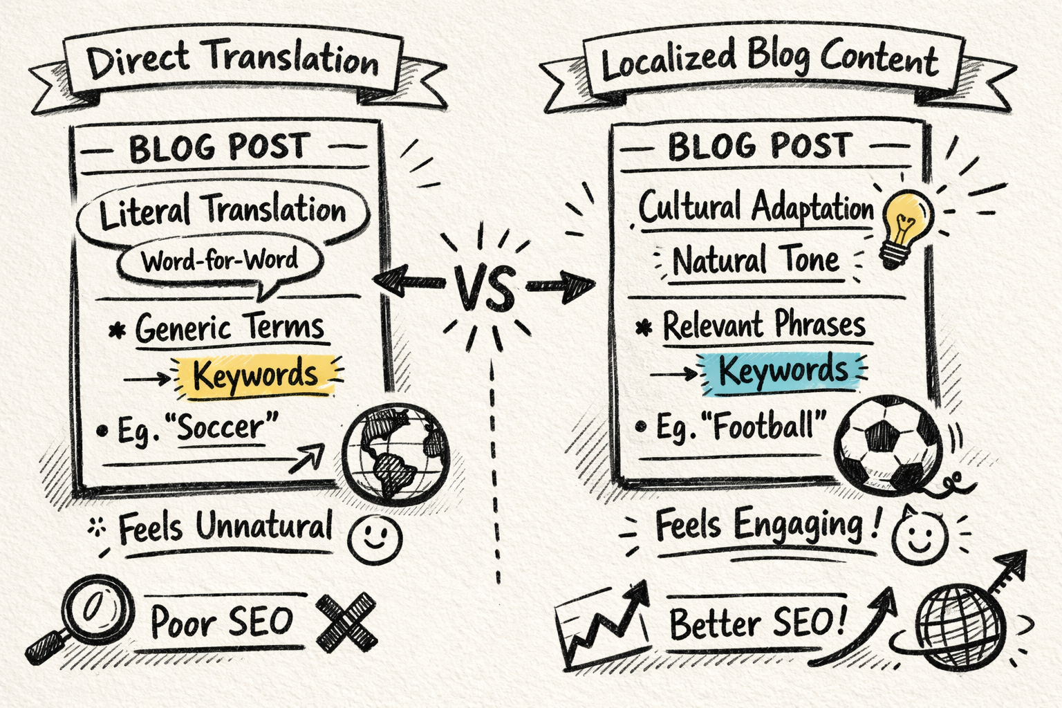 Direct translation vs localized blog content Side-by-side comparison of direct translation vs localized blog content for international SEO.